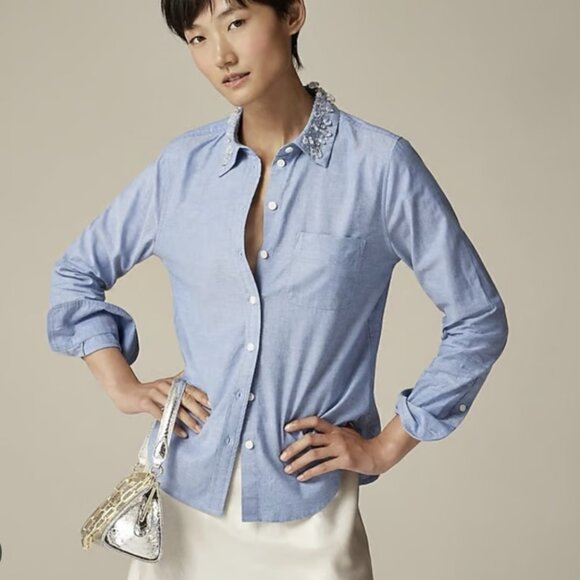 J. Crew Collection Embellished Brushed Cotton Oxford Button Up Size 12 NWT